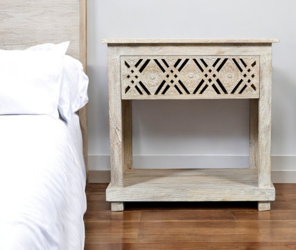 28" White Solid Wood Distressed Carved Geometric One Drawer Nightstand HomeRoots