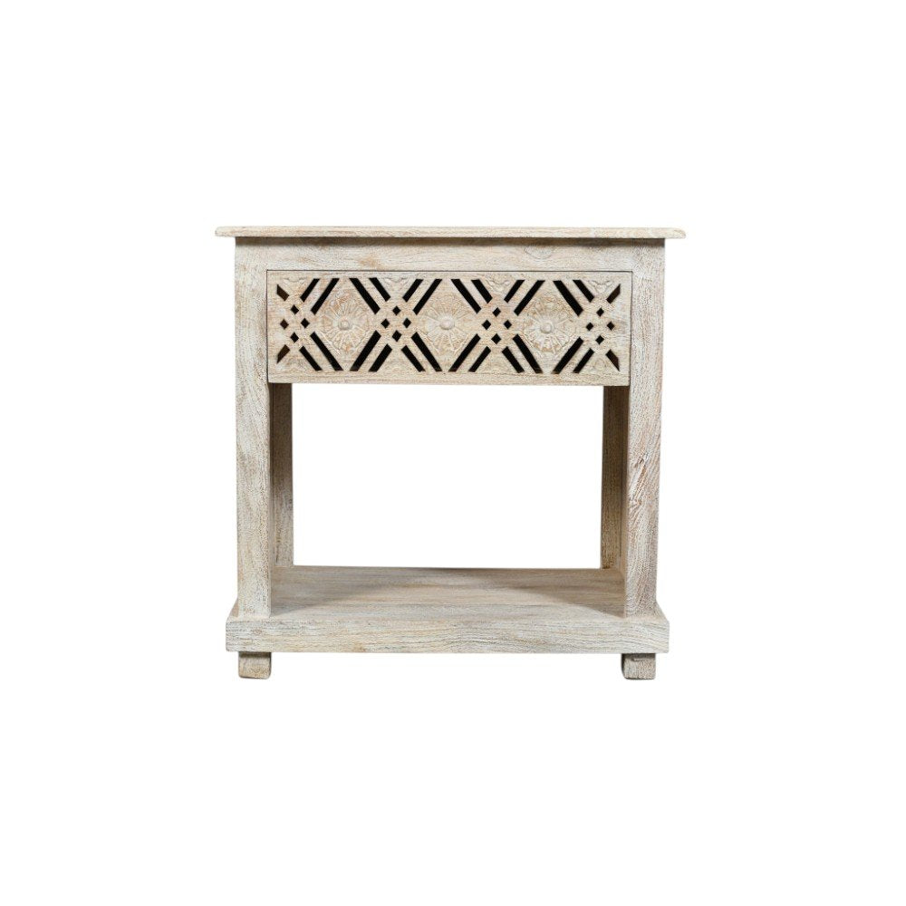28" White Solid Wood Distressed Carved Geometric One Drawer Nightstand HomeRoots