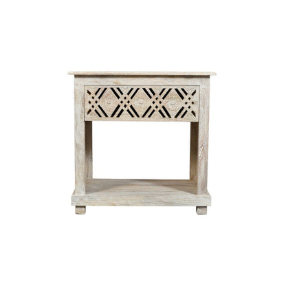 28" White Solid Wood Distressed Carved Geometric One Drawer Nightstand HomeRoots