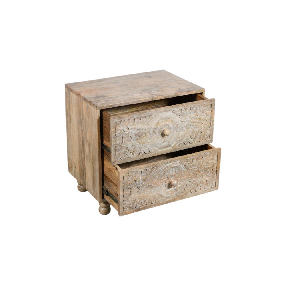 24" Natural Two Drawer Distressed Carved Floral Solid Wood Nightstand HomeRoots