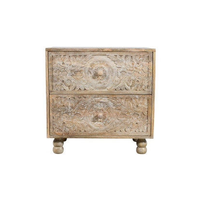 24" Natural Two Drawer Distressed Carved Floral Solid Wood Nightstand HomeRoots
