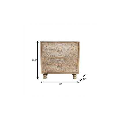 24" Natural Two Drawer Distressed Carved Floral Solid Wood Nightstand HomeRoots