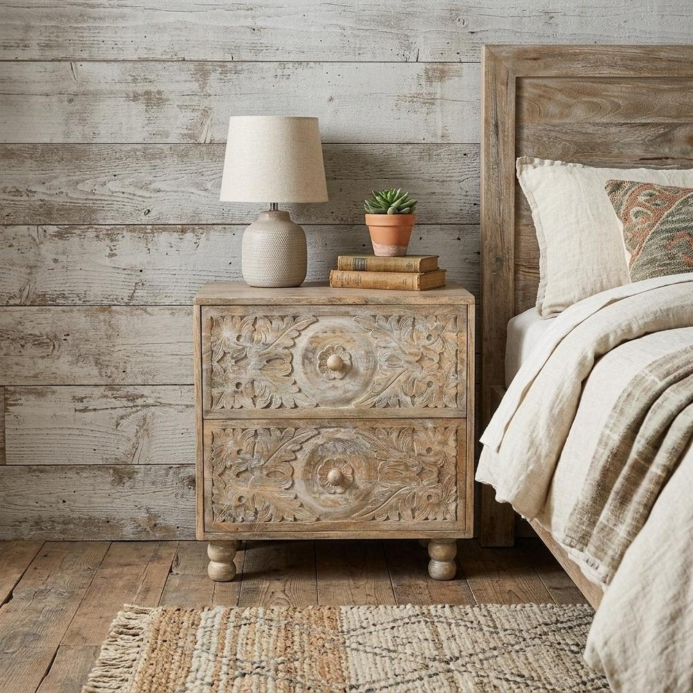 24" Natural Two Drawer Distressed Carved Floral Solid Wood Nightstand HomeRoots