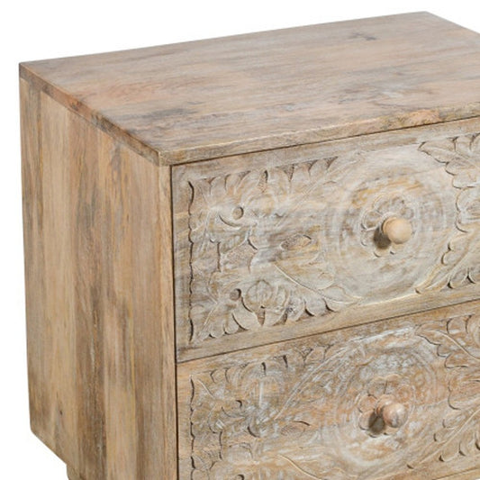 24" Natural Two Drawer Distressed Carved Floral Solid Wood Nightstand