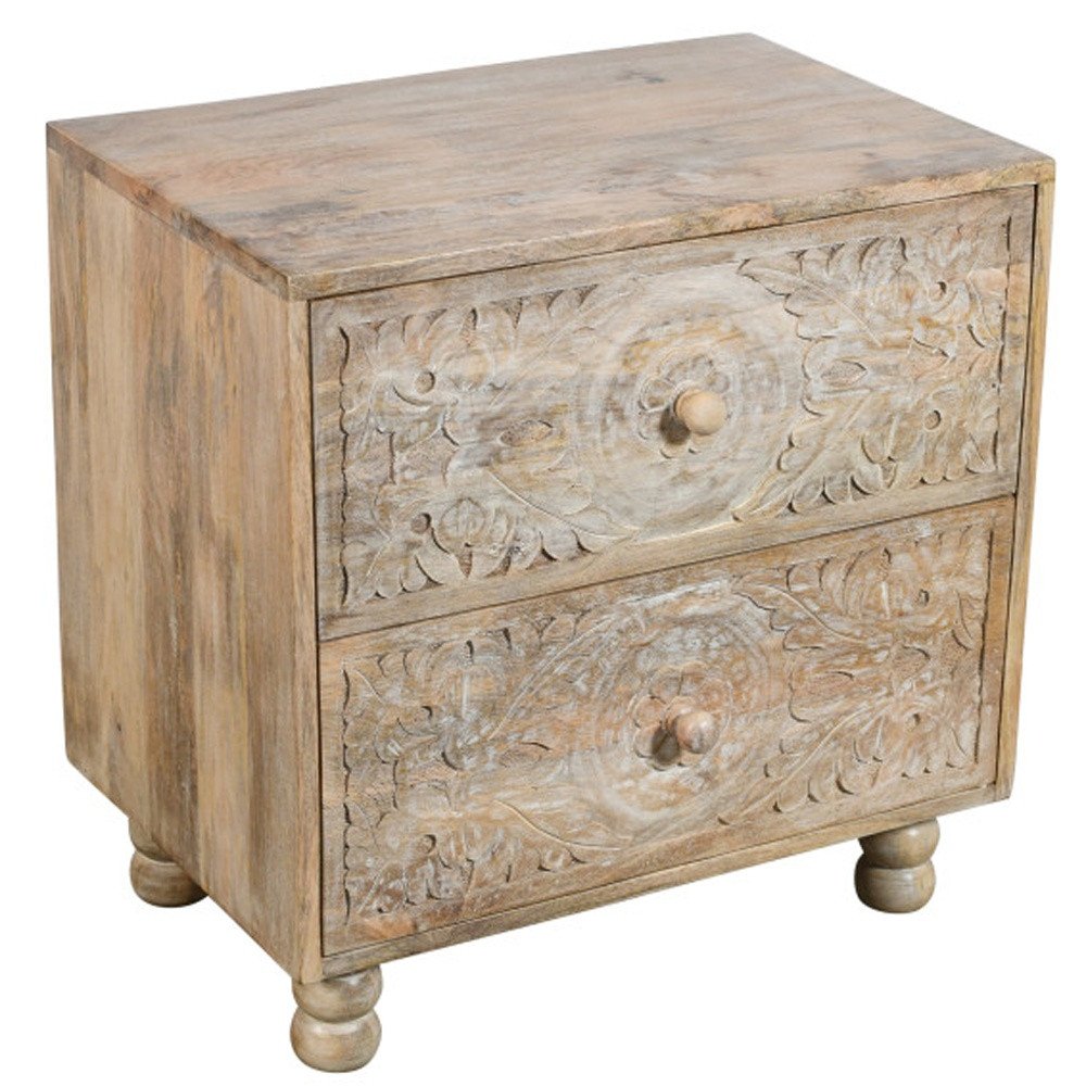 24" Natural Two Drawer Distressed Carved Floral Solid Wood Nightstand HomeRoots