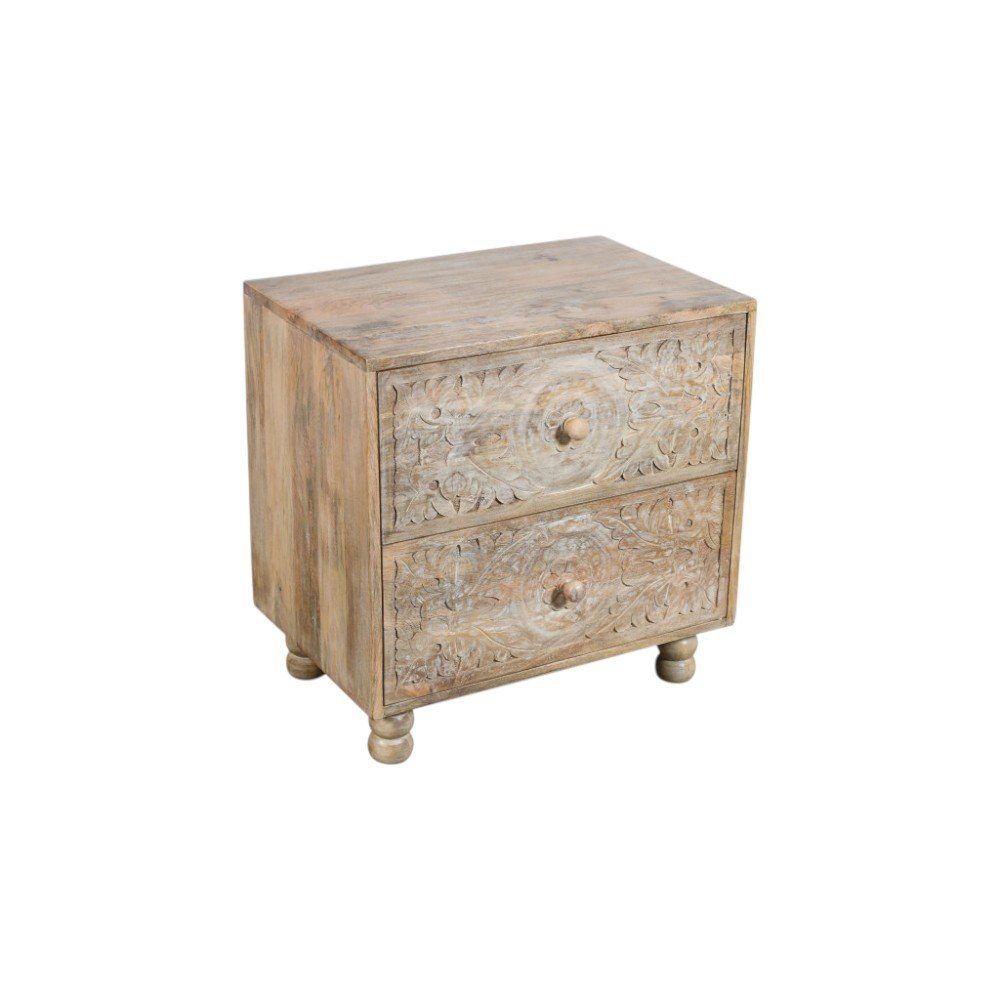 24" Natural Two Drawer Distressed Carved Floral Solid Wood Nightstand HomeRoots
