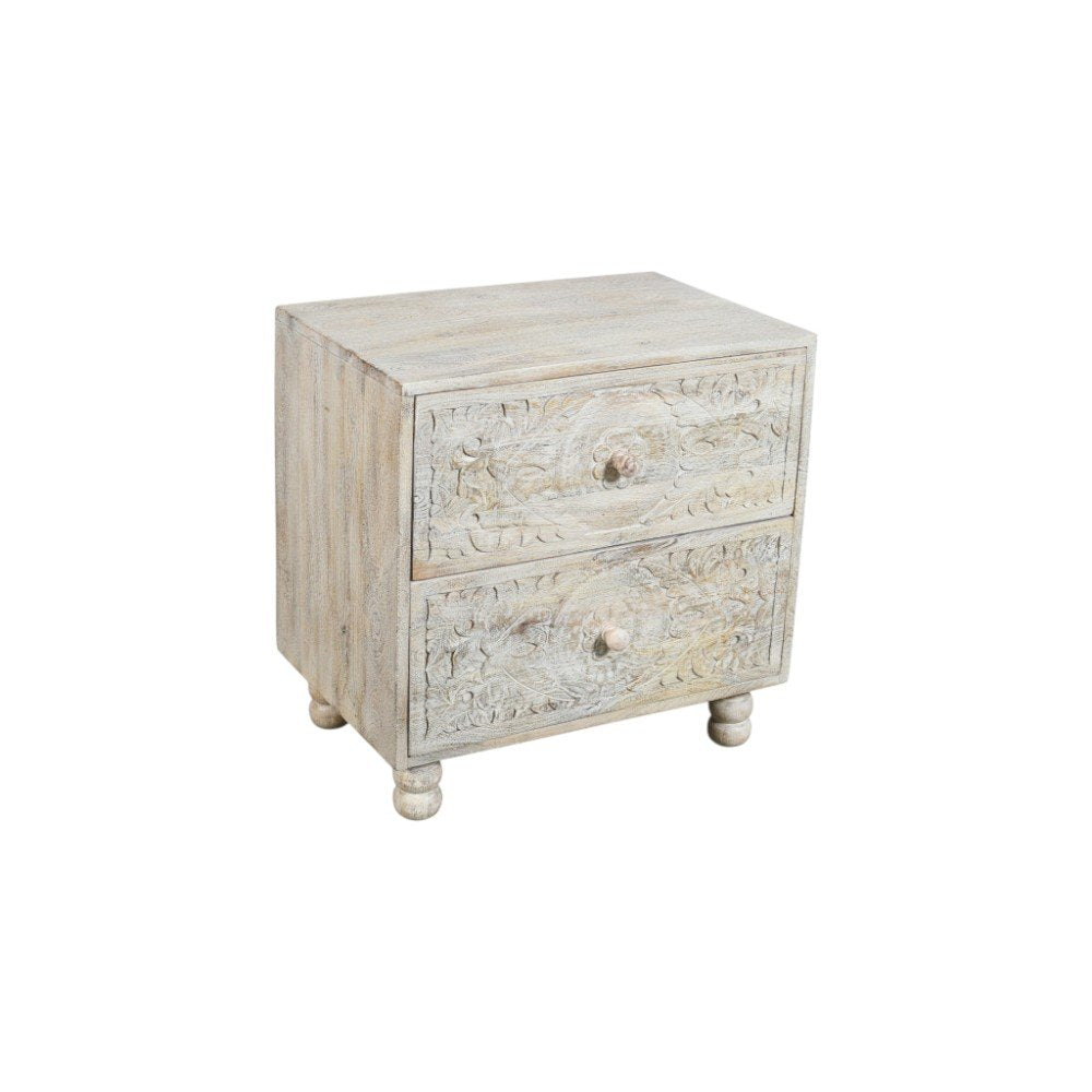 24" Natural And White Solid Wood Carved Scrollwork Two Drawer Nightstand HomeRoots