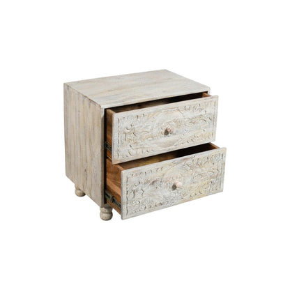 24" Natural And White Solid Wood Carved Scrollwork Two Drawer Nightstand HomeRoots
