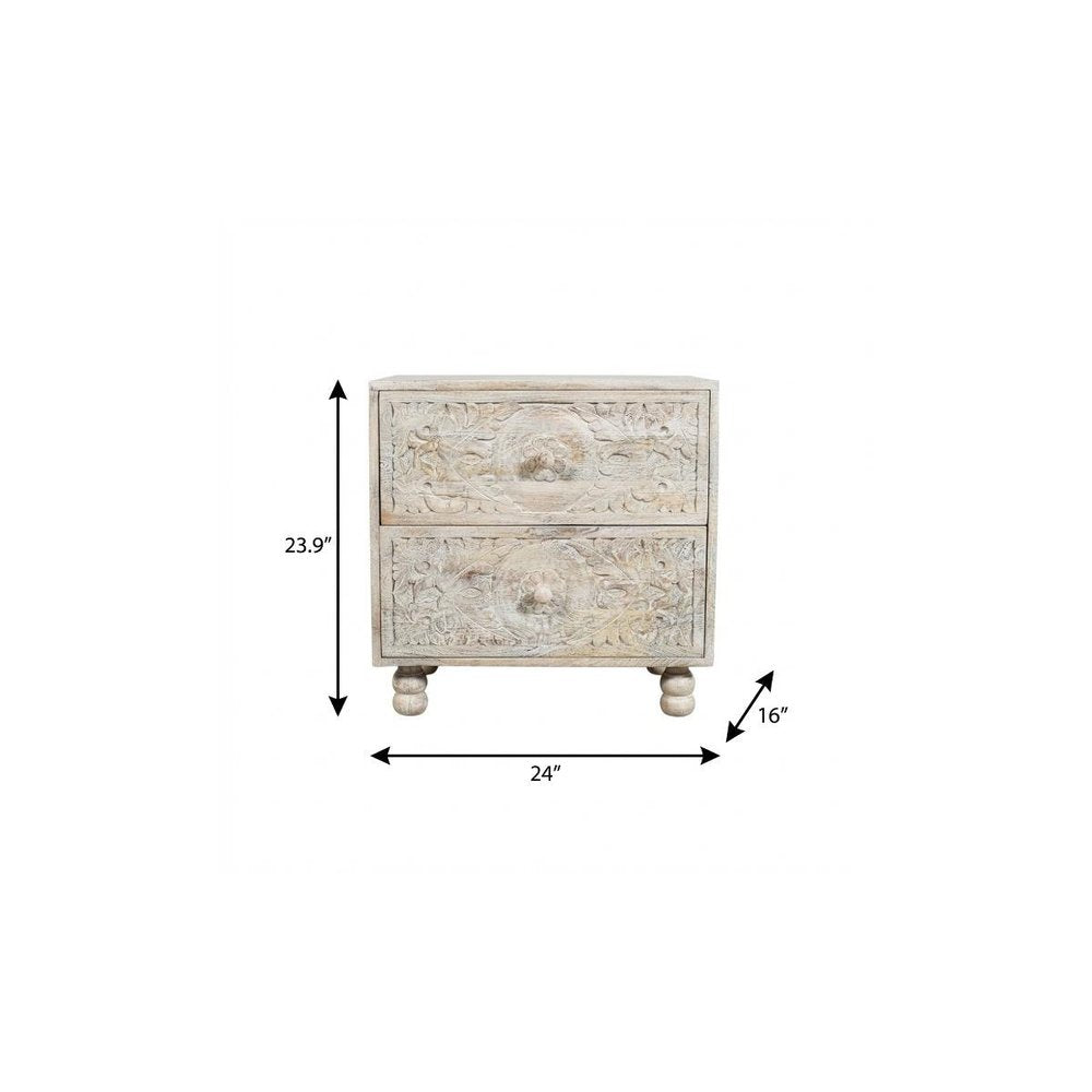 24" Natural And White Solid Wood Carved Scrollwork Two Drawer Nightstand HomeRoots