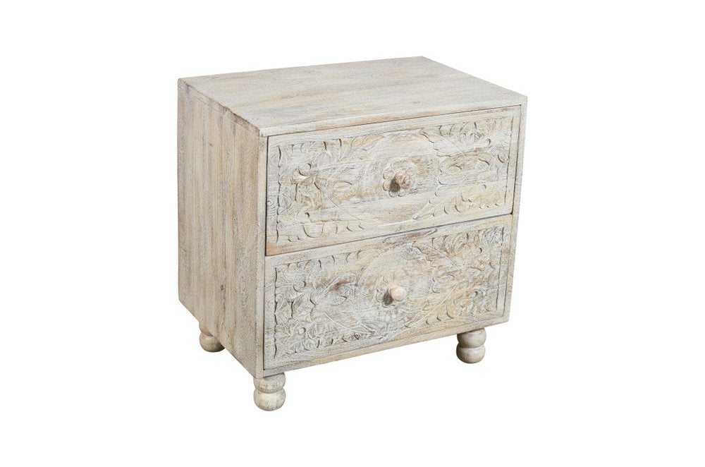 24" Natural And White Solid Wood Distressed Carved Scrollwork Two Drawer Nightstand HomeRoots