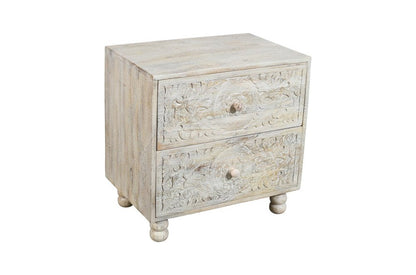 24" Natural And White Solid Wood Distressed Carved Scrollwork Two Drawer Nightstand HomeRoots