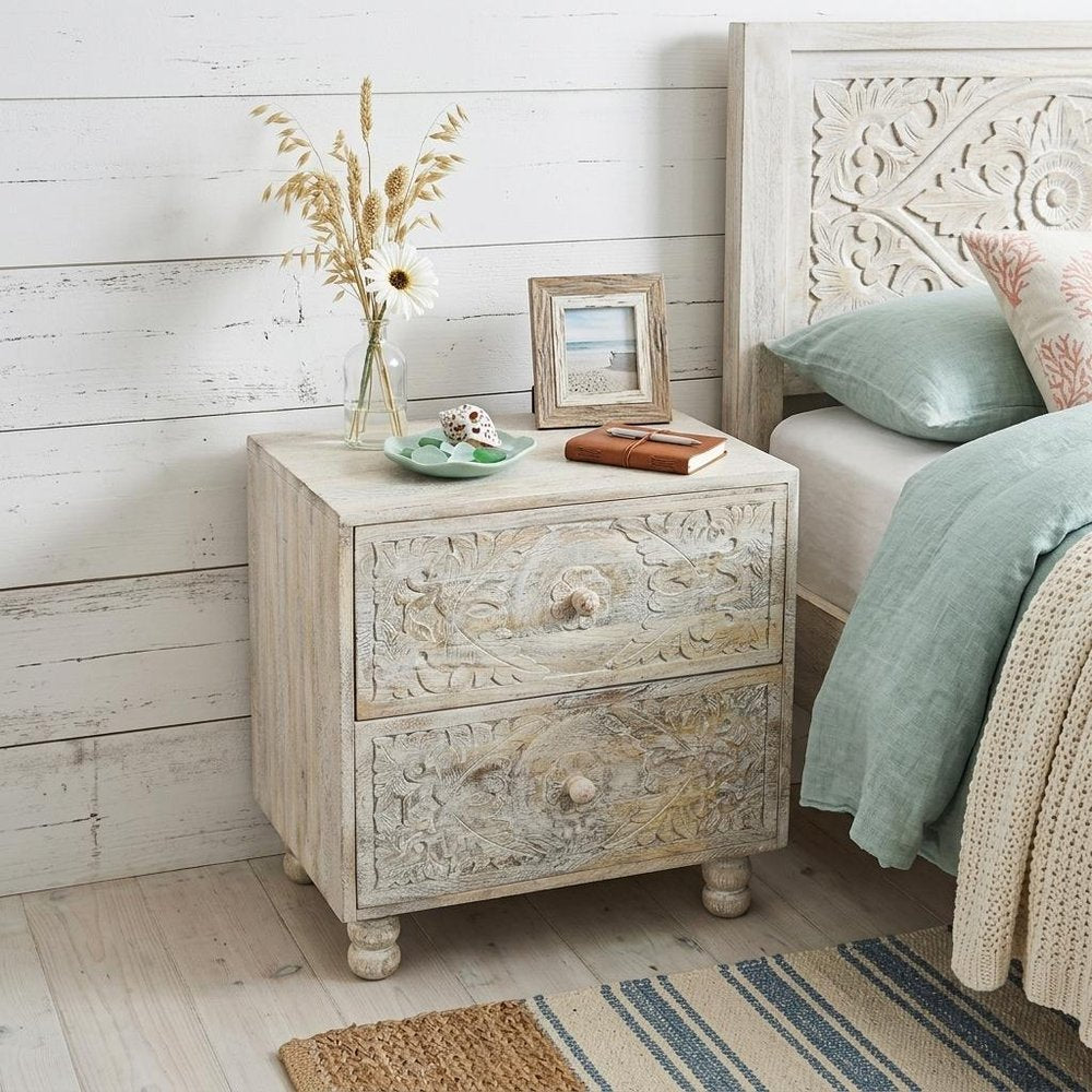 24" Natural And White Solid Wood Carved Scrollwork Two Drawer Nightstand HomeRoots