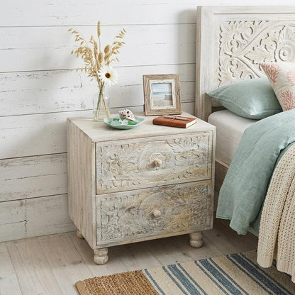 24" Natural And White Solid Wood Carved Scrollwork Two Drawer Nightstand HomeRoots