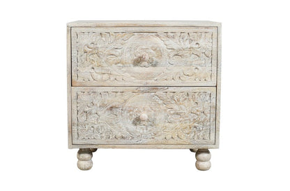 24" Natural And White Solid Wood Distressed Carved Scrollwork Two Drawer Nightstand HomeRoots