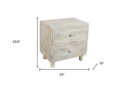 24" Natural And White Solid Wood Distressed Carved Scrollwork Two Drawer Nightstand HomeRoots
