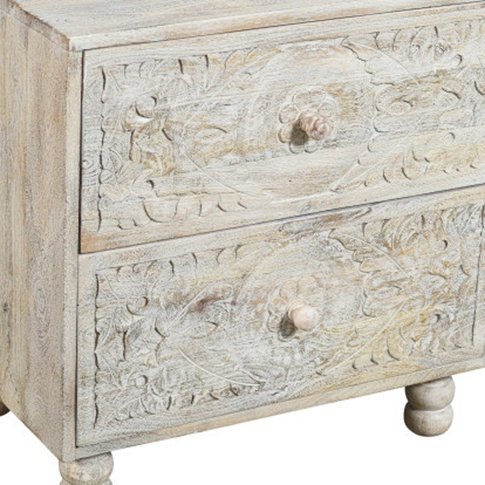24" Natural And White Solid Wood Distressed Carved Scrollwork Two Drawer Nightstand HomeRoots