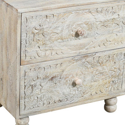 24" Natural And White Solid Wood Distressed Carved Scrollwork Two Drawer Nightstand HomeRoots