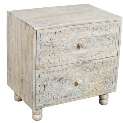 24" Natural And White Solid Wood Distressed Carved Scrollwork Two Drawer Nightstand HomeRoots