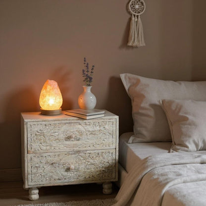 24" Natural And White Solid Wood Distressed Carved Scrollwork Two Drawer Nightstand HomeRoots