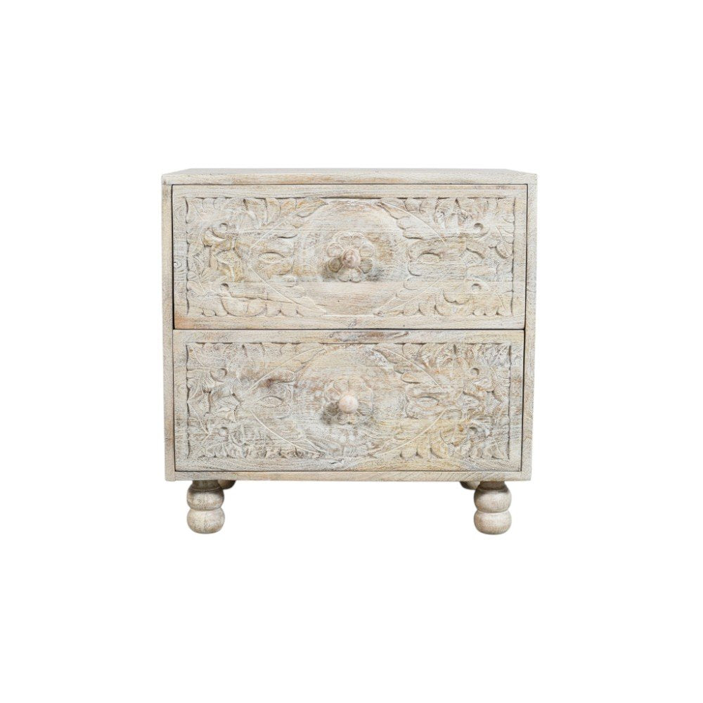 24" Natural And White Solid Wood Carved Scrollwork Two Drawer Nightstand HomeRoots