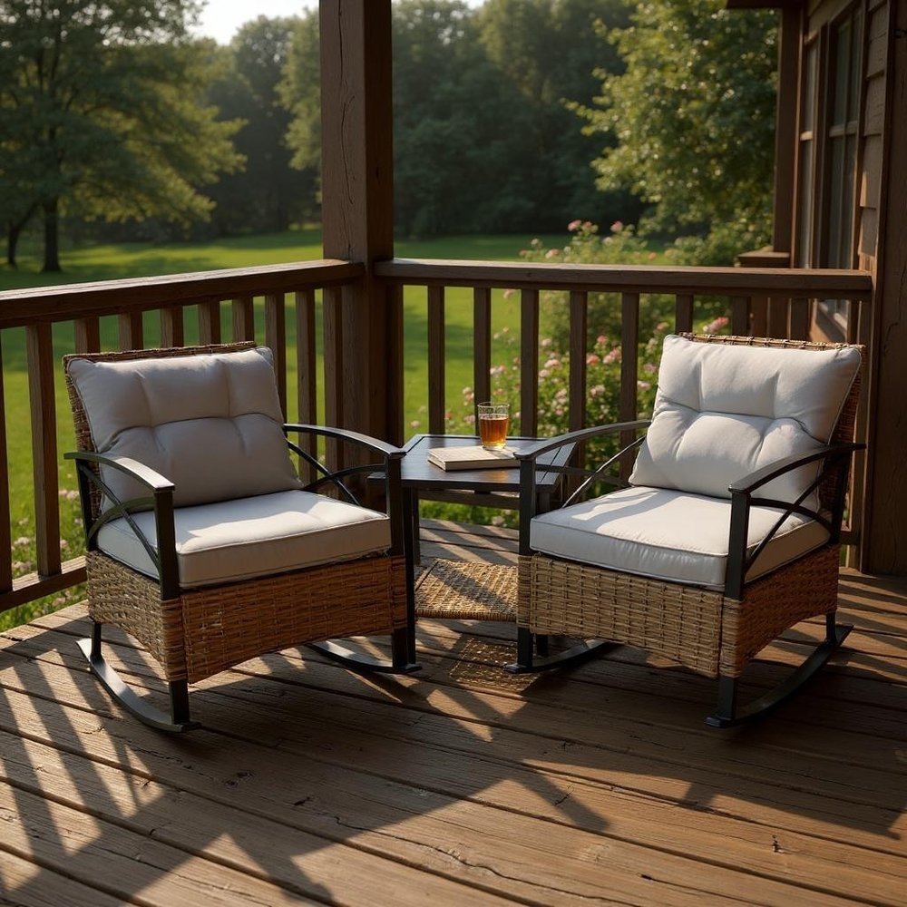 Three Piece Black Natural and Gray Rattan Two Person Seating Group With Table — view 1