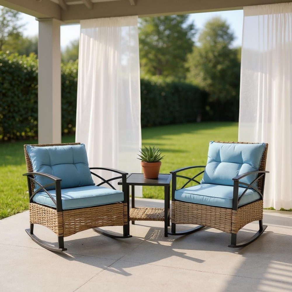 Three Piece Black Natural and Light Blue Rattan Two Person Seating Group With Table — view 1