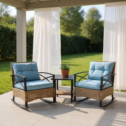 Three Piece Black Natural and Light Blue Rattan Two Person Seating Group With Table HomeRoots