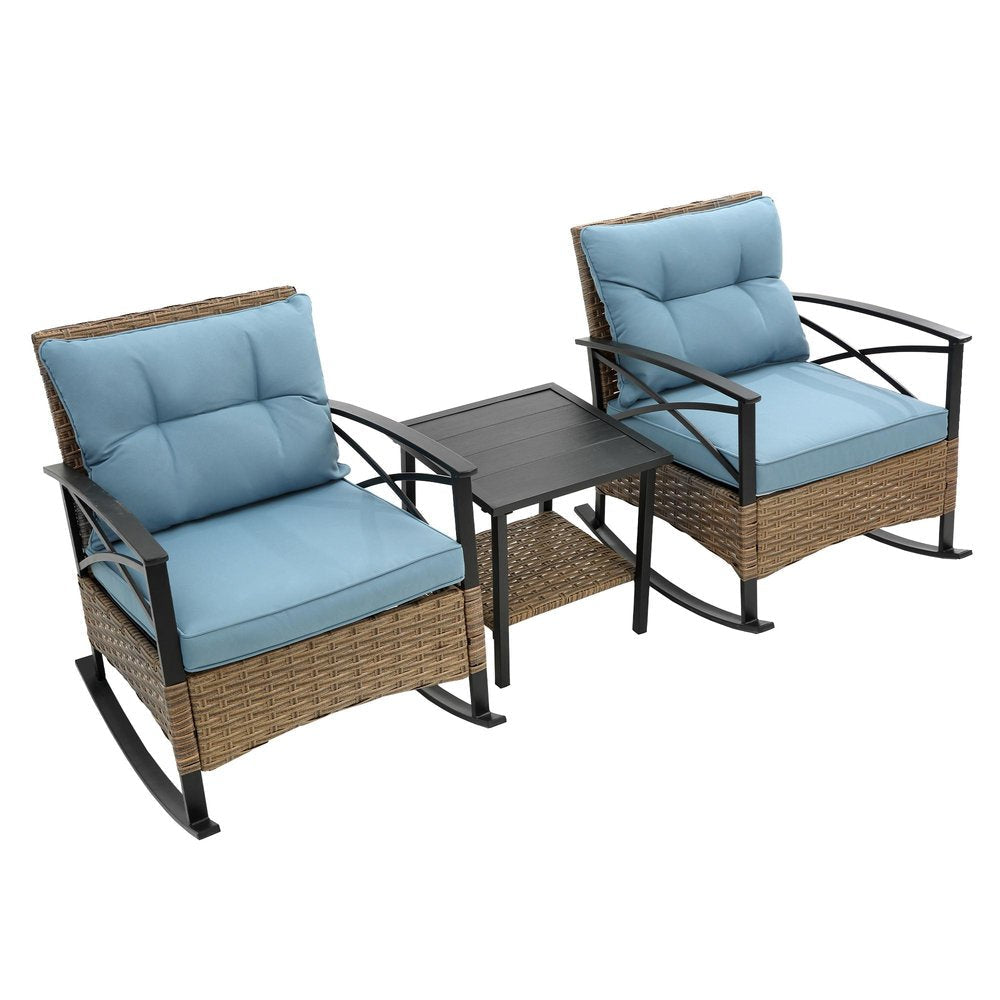 Three Piece Black Natural and Light Blue Rattan Two Person Seating Group With Table — view 2