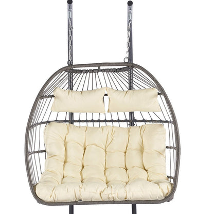38" Beige Gray And Black Faux Rattan Steel Outdoor Folding Egg Chair HomeRoots