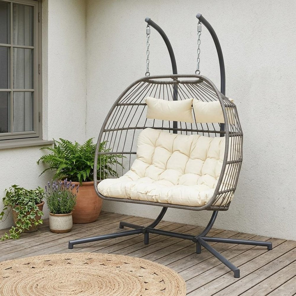 38" Beige Gray And Black Faux Rattan Steel Outdoor Folding Egg Chair HomeRoots