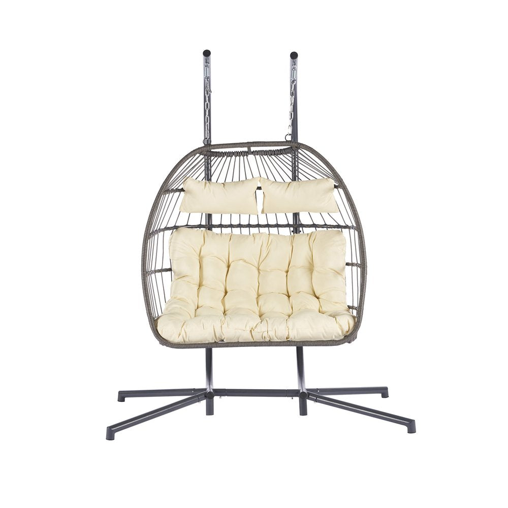38" Beige Gray And Black Faux Rattan Steel Outdoor Folding Egg Chair HomeRoots