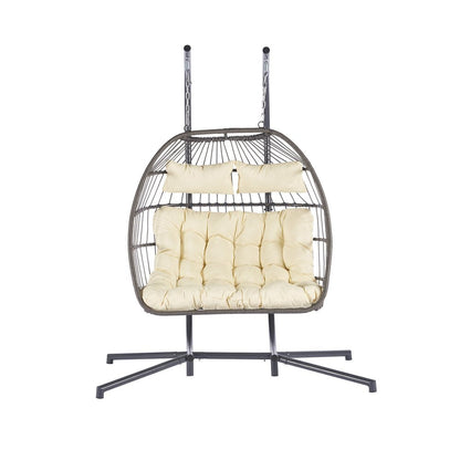 38" Beige Gray And Black Faux Rattan Steel Outdoor Folding Egg Chair HomeRoots