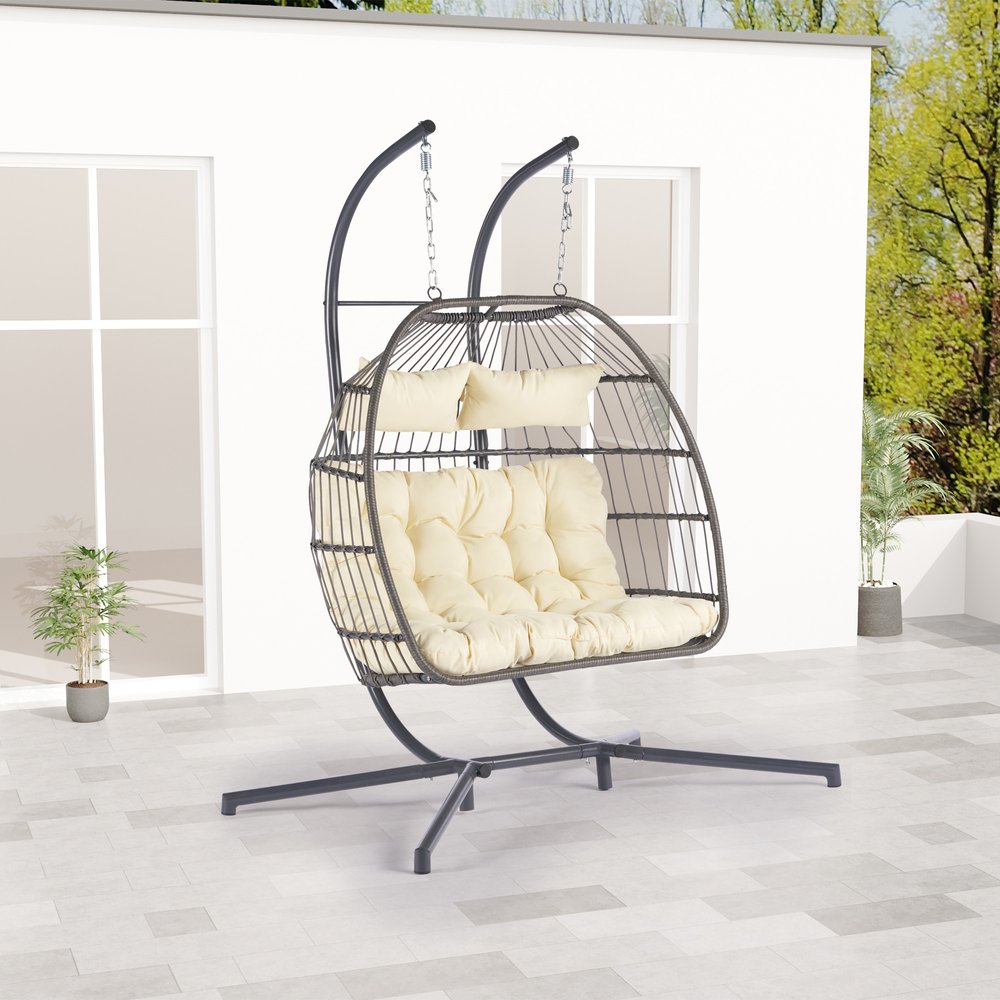 38" Beige Gray And Black Faux Rattan Steel Outdoor Folding Egg Chair HomeRoots