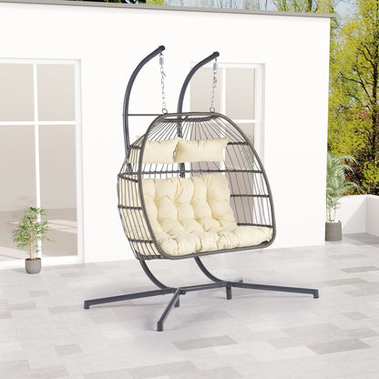 38" Beige Gray And Black Faux Rattan Steel Outdoor Folding Egg Chair HomeRoots