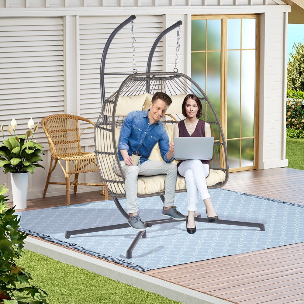 38" Beige Gray And Black Faux Rattan Steel Outdoor Folding Egg Chair HomeRoots