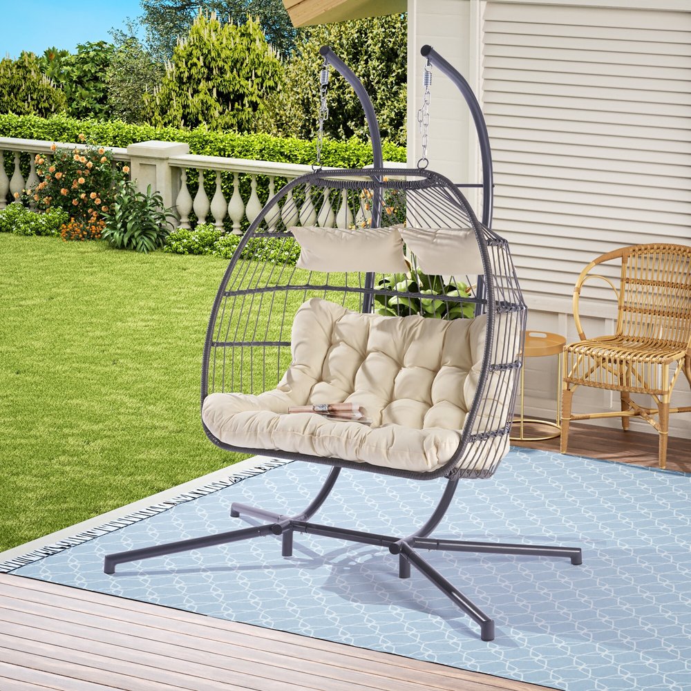 38" Beige Gray And Black Faux Rattan Steel Outdoor Folding Egg Chair HomeRoots