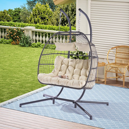 38" Beige Gray And Black Faux Rattan Steel Outdoor Folding Egg Chair HomeRoots