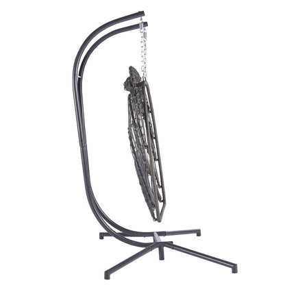38" Beige Gray And Black Faux Rattan Steel Outdoor Folding Egg Chair HomeRoots