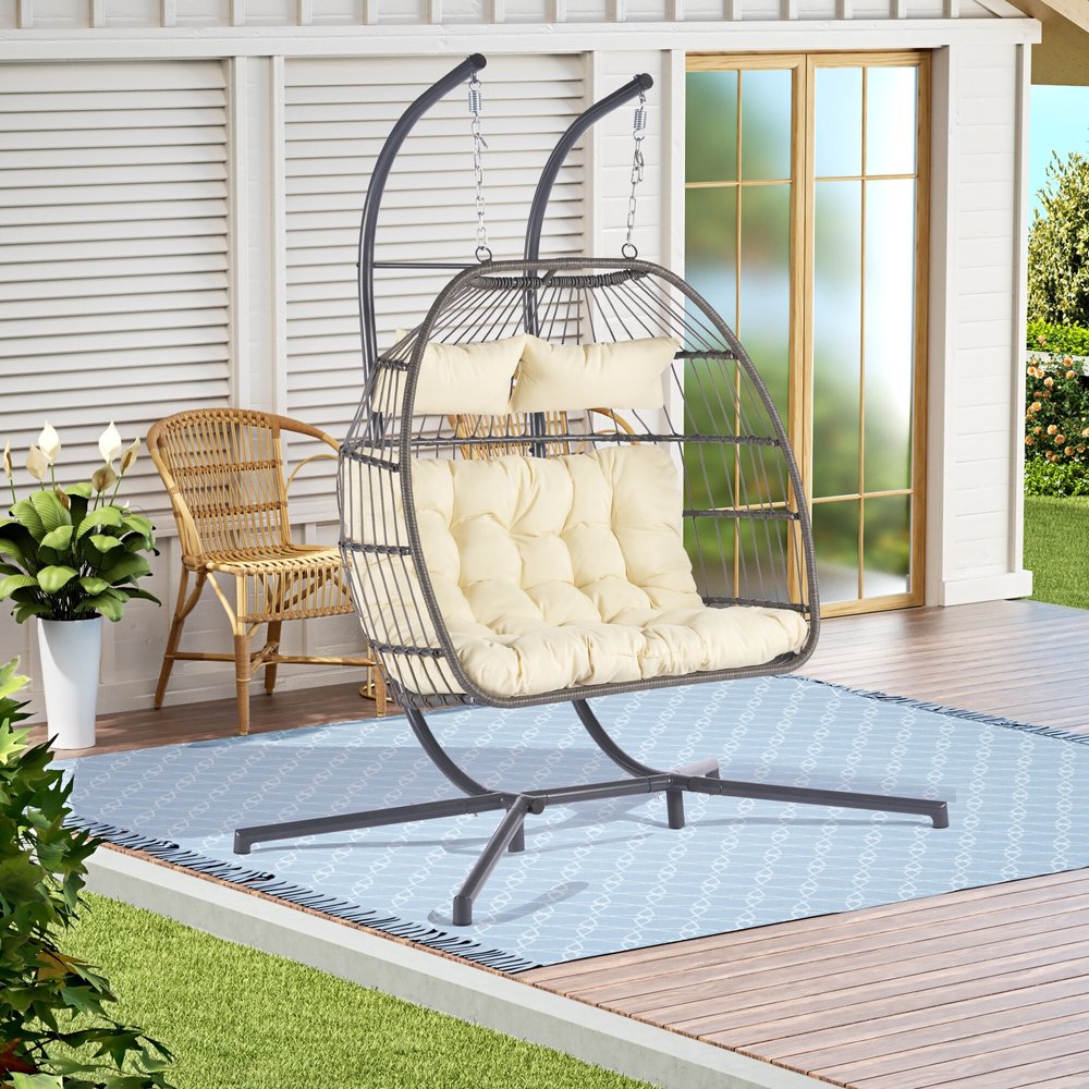 38" Beige Gray And Black Faux Rattan Steel Outdoor Folding Egg Chair HomeRoots