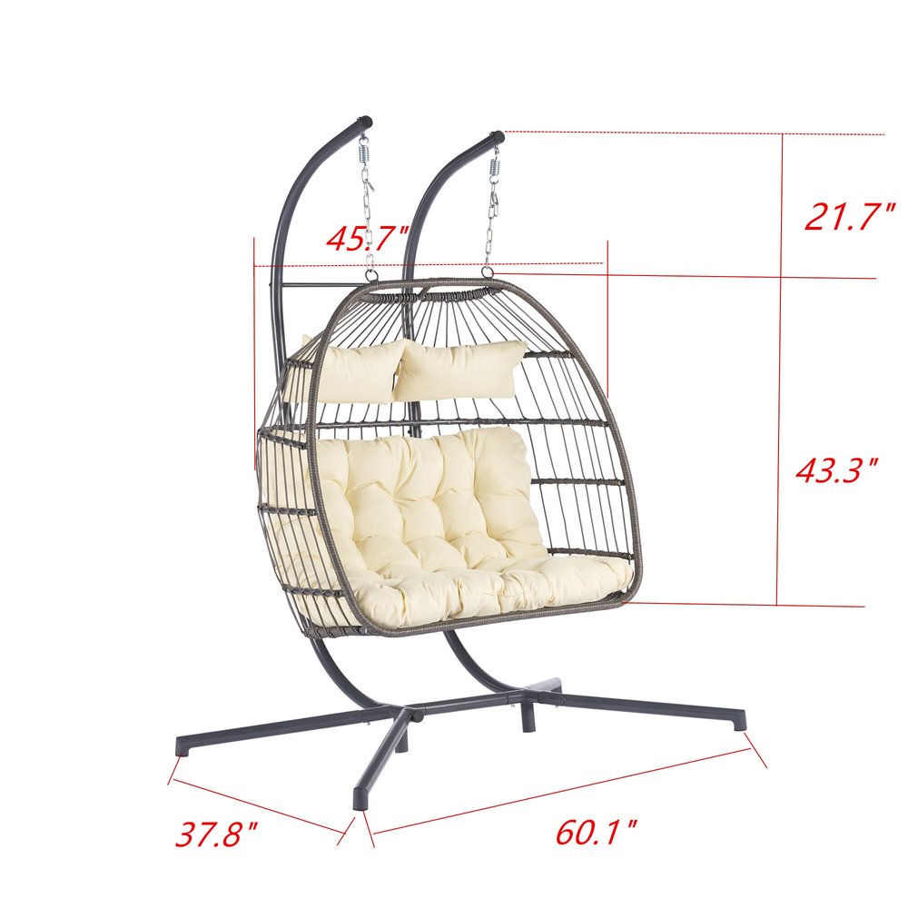 38" Beige Gray And Black Faux Rattan Steel Outdoor Folding Egg Chair HomeRoots