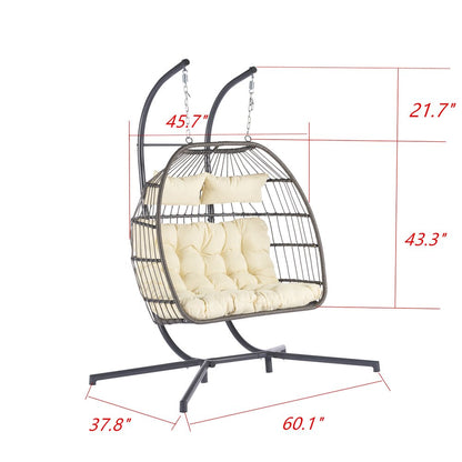 38" Beige Gray And Black Faux Rattan Steel Outdoor Folding Egg Chair HomeRoots