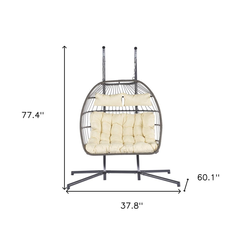 38" Beige Gray And Black Faux Rattan Steel Outdoor Folding Egg Chair HomeRoots