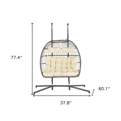 38" Beige Gray And Black Faux Rattan Steel Outdoor Folding Egg Chair HomeRoots