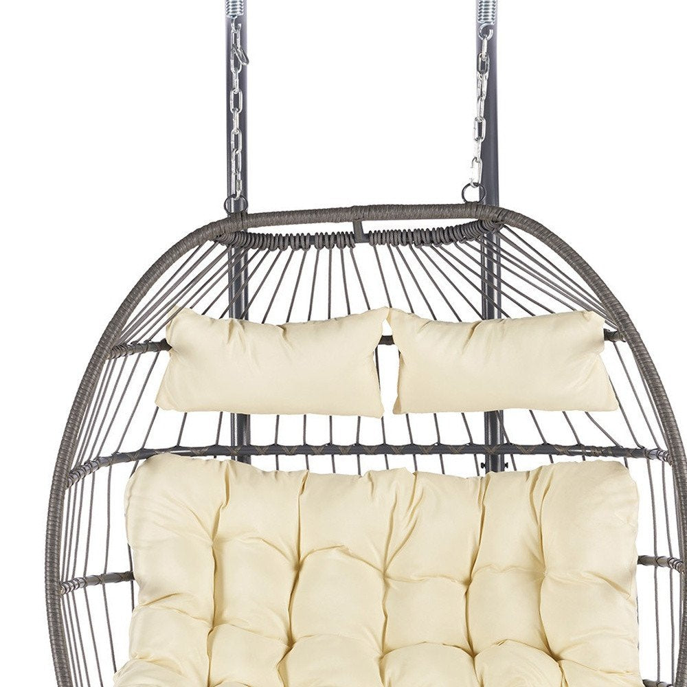 38" Beige Gray And Black Faux Rattan Steel Outdoor Folding Egg Chair HomeRoots