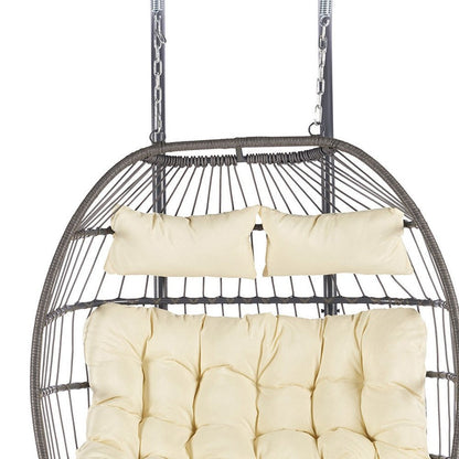 38" Beige Gray And Black Faux Rattan Steel Outdoor Folding Egg Chair HomeRoots