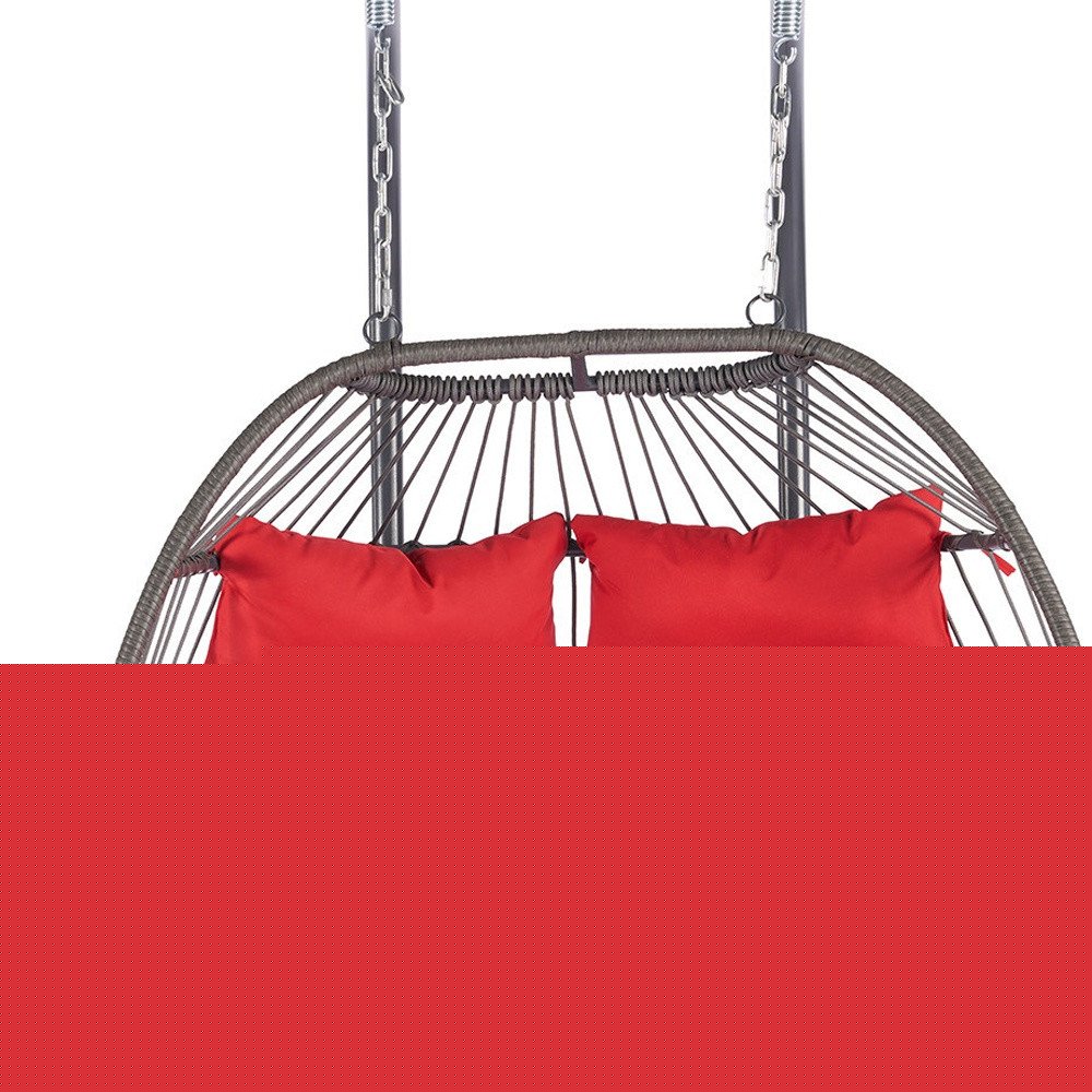 38" Red Gray And Black Faux Rattan Steel Outdoor Folding Egg Chair HomeRoots