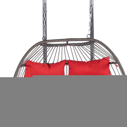 38" Red Gray And Black Faux Rattan Steel Outdoor Folding Egg Chair HomeRoots