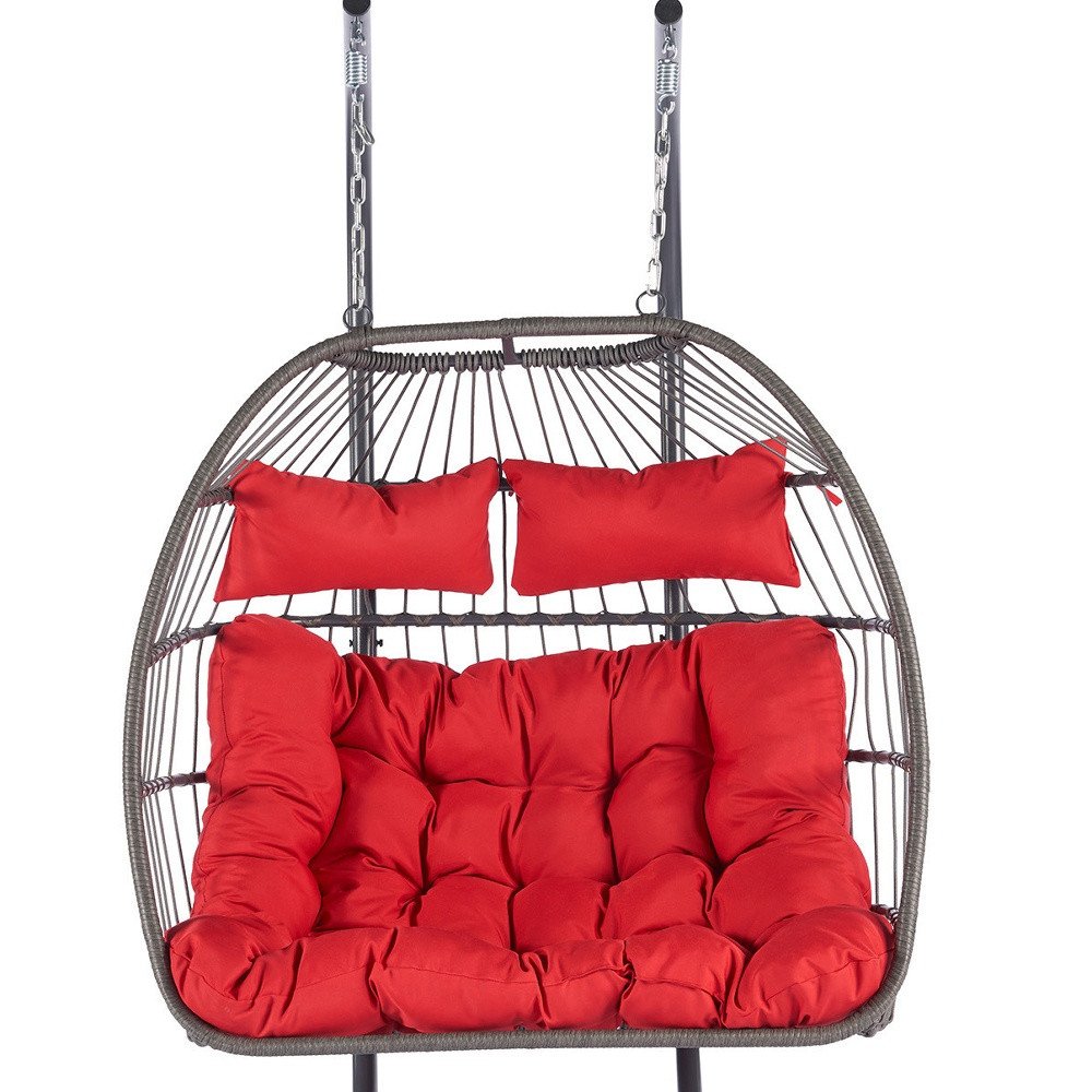 38" Red Gray And Black Faux Rattan Steel Outdoor Folding Egg Chair HomeRoots