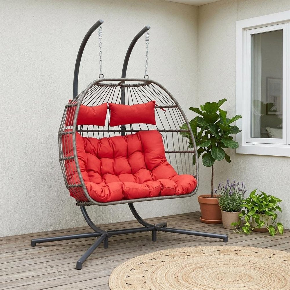 38" Red Gray And Black Faux Rattan Steel Outdoor Folding Egg Chair HomeRoots