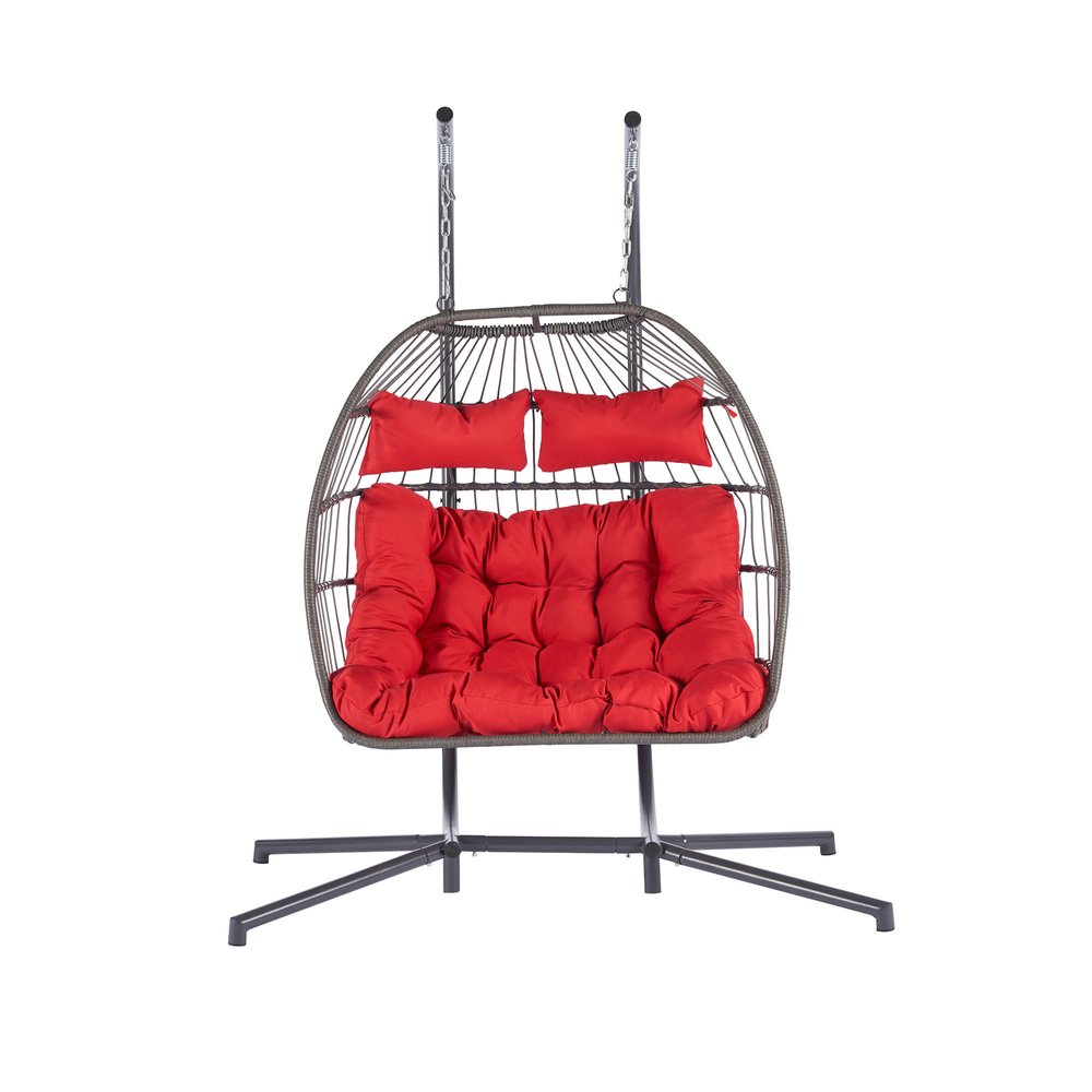38" Red Gray And Black Faux Rattan Steel Outdoor Folding Egg Chair HomeRoots